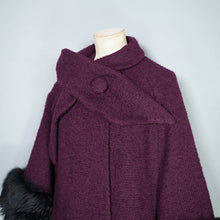 Load image into Gallery viewer, 60s DARK AUBERGINE PURPLE SWING COAT WITH BIG FUR CUFFS - one size
