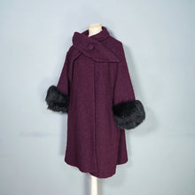 Load image into Gallery viewer, 60s DARK AUBERGINE PURPLE SWING COAT WITH BIG FUR CUFFS - one size
