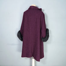 Load image into Gallery viewer, 60s DARK AUBERGINE PURPLE SWING COAT WITH BIG FUR CUFFS - one size