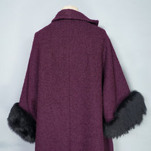 Load image into Gallery viewer, 60s DARK AUBERGINE PURPLE SWING COAT WITH BIG FUR CUFFS - one size