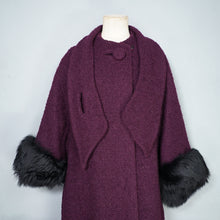 Load image into Gallery viewer, 60s DARK AUBERGINE PURPLE SWING COAT WITH BIG FUR CUFFS - one size