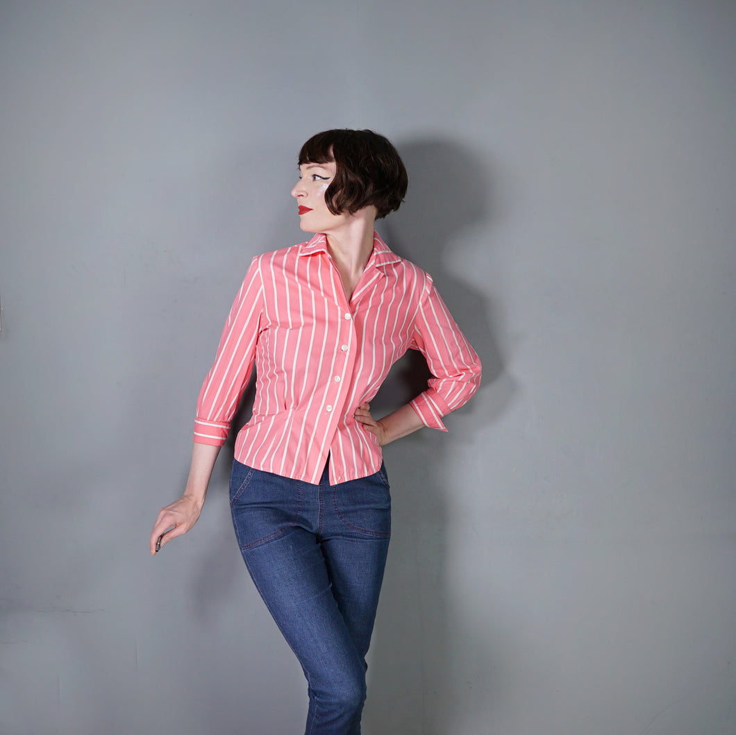 50s 60s ST MICHAEL BRIGHT PINK STRIPE 3/4 SLEEVE SHIRT - M