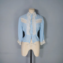Load image into Gallery viewer, 50s "AV-EN-NO" SHEER BABY BLUE LACE TRIM DELICATE BLOUSE - XS-S