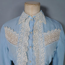 Load image into Gallery viewer, 50s "AV-EN-NO" SHEER BABY BLUE LACE TRIM DELICATE BLOUSE - XS-S