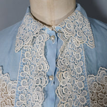 Load image into Gallery viewer, 50s "AV-EN-NO" SHEER BABY BLUE LACE TRIM DELICATE BLOUSE - XS-S