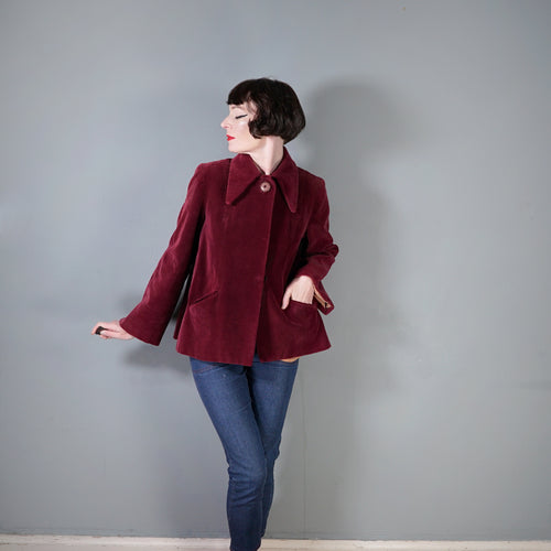 40s RICH WINE COLOURED JUMBO CORD CORDUROY SWING COAT / JACKET - M