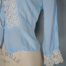 Load image into Gallery viewer, 50s "AV-EN-NO" SHEER BABY BLUE LACE TRIM DELICATE BLOUSE - XS-S