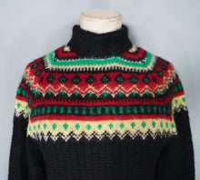 Load image into Gallery viewer, HANDKNITTED 60s FUZZY WOOL BLACK RED YELLOW AND GREE FAIRISLE JUMPER - S-M