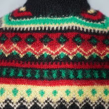 Load image into Gallery viewer, HANDKNITTED 60s FUZZY WOOL BLACK RED YELLOW AND GREE FAIRISLE JUMPER - S-M