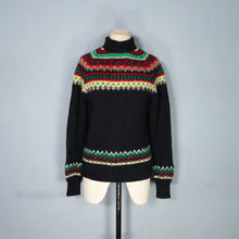 Load image into Gallery viewer, HANDKNITTED 60s FUZZY WOOL BLACK RED YELLOW AND GREE FAIRISLE JUMPER - S-M