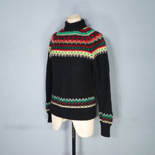Load image into Gallery viewer, HANDKNITTED 60s FUZZY WOOL BLACK RED YELLOW AND GREE FAIRISLE JUMPER - S-M