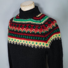 Load image into Gallery viewer, HANDKNITTED 60s FUZZY WOOL BLACK RED YELLOW AND GREE FAIRISLE JUMPER - S-M