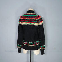 Load image into Gallery viewer, HANDKNITTED 60s FUZZY WOOL BLACK RED YELLOW AND GREE FAIRISLE JUMPER - S-M