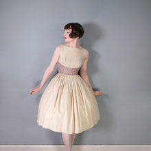 Load image into Gallery viewer, 50s 60s BEIGE FULL SKIRTED BLANES DRESS WITH POLKA DOT SASH WAIST - XS
