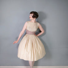 Load image into Gallery viewer, 50s 60s BEIGE FULL SKIRTED BLANES DRESS WITH POLKA DOT SASH WAIST - XS