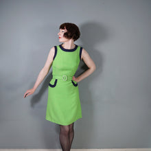 Load image into Gallery viewer, 60s MOD LIME GREEN AND NAVY COLOURBLOCK SHIFT DRESS WITH BELT - XS-S