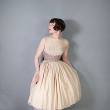 Load image into Gallery viewer, 50s 60s BEIGE FULL SKIRTED BLANES DRESS WITH POLKA DOT SASH WAIST - XS