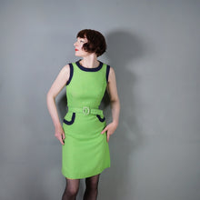 Load image into Gallery viewer, 60s MOD LIME GREEN AND NAVY COLOURBLOCK SHIFT DRESS WITH BELT - XS-S