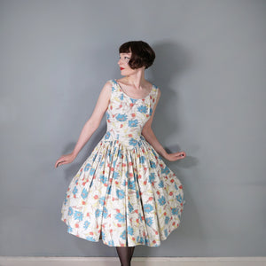 50s JENNIFER LEE MID CENTURY FLORAL DROP WAISTED FULL SKIRT DRESS - S
