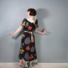 Load image into Gallery viewer, 70s ARISTOS BLACK AND CREAM AUTUMNAL LEAF PRINT CHIFFON MAXI DRESS - XS