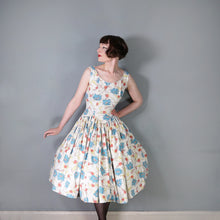 Load image into Gallery viewer, 50s JENNIFER LEE MID CENTURY FLORAL DROP WAISTED FULL SKIRT DRESS - S