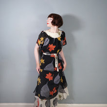 Load image into Gallery viewer, 70s ARISTOS BLACK AND CREAM AUTUMNAL LEAF PRINT CHIFFON MAXI DRESS - XS