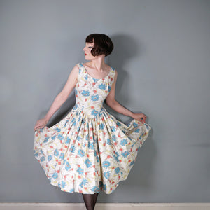50s JENNIFER LEE MID CENTURY FLORAL DROP WAISTED FULL SKIRT DRESS - S