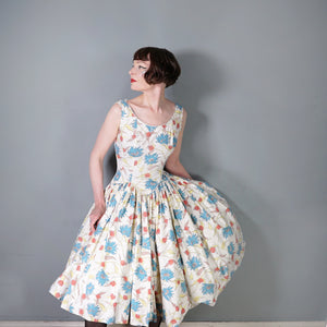 50s JENNIFER LEE MID CENTURY FLORAL DROP WAISTED FULL SKIRT DRESS - S