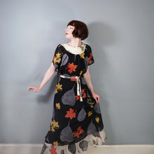 Load image into Gallery viewer, 70s ARISTOS BLACK AND CREAM AUTUMNAL LEAF PRINT CHIFFON MAXI DRESS - XS