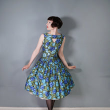 Load image into Gallery viewer, 50s 60s CARNEGIE MODEL COTTON SATEEN DEEP BLUE AND GREEN FLORAL DRESS - S