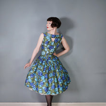 Load image into Gallery viewer, 50s 60s CARNEGIE MODEL COTTON SATEEN DEEP BLUE AND GREEN FLORAL DRESS - S