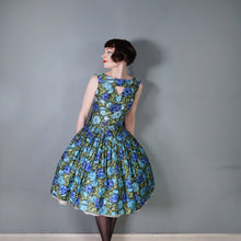 Load image into Gallery viewer, 50s 60s CARNEGIE MODEL COTTON SATEEN DEEP BLUE AND GREEN FLORAL DRESS - S