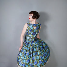 Load image into Gallery viewer, 50s 60s CARNEGIE MODEL COTTON SATEEN DEEP BLUE AND GREEN FLORAL DRESS - S