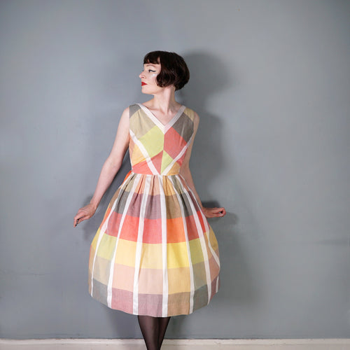50s 60Ss BLANES COLOURFUL PASTEL PLAID CHECK COTTON DAY DRESS - S