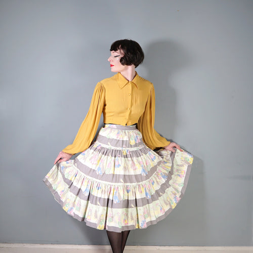 60s/70s does 50s SKIRTEX GREY COTTON TIERED NOVELTY VICTORIAN SPECTATOR SCENE SKIRT - 26