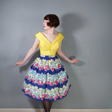 Load image into Gallery viewer, 50s BLUE CASCADING STEMMED ROSE FLORAL PRINT FULL COTTON SKIRT - 27"