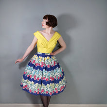 Load image into Gallery viewer, 50s BLUE CASCADING STEMMED ROSE FLORAL PRINT FULL COTTON SKIRT - 27"