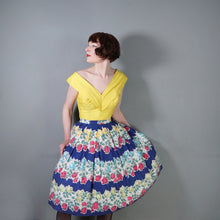 Load image into Gallery viewer, 50s BLUE CASCADING STEMMED ROSE FLORAL PRINT FULL COTTON SKIRT - 27"
