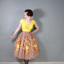 Load image into Gallery viewer, 50s BROWN WITH YELLOW AND ORANGE FLOWER PRINT FULL COTTON SKIRT - 30"
