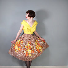 Load image into Gallery viewer, 50s BROWN WITH YELLOW AND ORANGE FLOWER PRINT FULL COTTON SKIRT - 30"