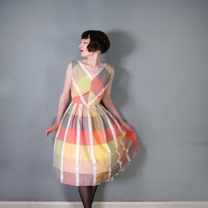 50s 60Ss BLANES COLOURFUL PASTEL PLAID CHECK COTTON DAY DRESS - S