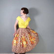 Load image into Gallery viewer, 50s BROWN WITH YELLOW AND ORANGE FLOWER PRINT FULL COTTON SKIRT - 30"