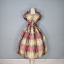 Load image into Gallery viewer, 50s GOLD AND DARK RED SHADOW PLAID / STRIPE FULL SKIRTED TAFFETA DRESS - S-M