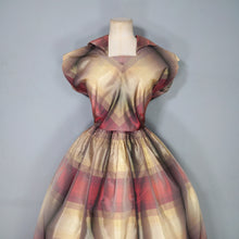 Load image into Gallery viewer, 50s GOLD AND DARK RED SHADOW PLAID / STRIPE FULL SKIRTED TAFFETA DRESS - S-M