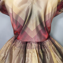Load image into Gallery viewer, 50s GOLD AND DARK RED SHADOW PLAID / STRIPE FULL SKIRTED TAFFETA DRESS - S-M