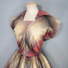 Load image into Gallery viewer, 50s GOLD AND DARK RED SHADOW PLAID / STRIPE FULL SKIRTED TAFFETA DRESS - S-M