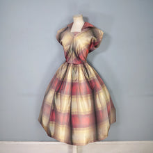 Load image into Gallery viewer, 50s GOLD AND DARK RED SHADOW PLAID / STRIPE FULL SKIRTED TAFFETA DRESS - S-M