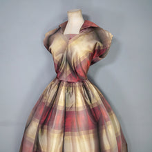 Load image into Gallery viewer, 50s GOLD AND DARK RED SHADOW PLAID / STRIPE FULL SKIRTED TAFFETA DRESS - S-M