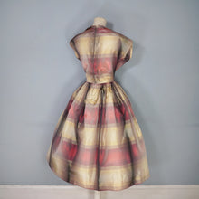 Load image into Gallery viewer, 50s GOLD AND DARK RED SHADOW PLAID / STRIPE FULL SKIRTED TAFFETA DRESS - S-M