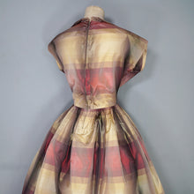 Load image into Gallery viewer, 50s GOLD AND DARK RED SHADOW PLAID / STRIPE FULL SKIRTED TAFFETA DRESS - S-M